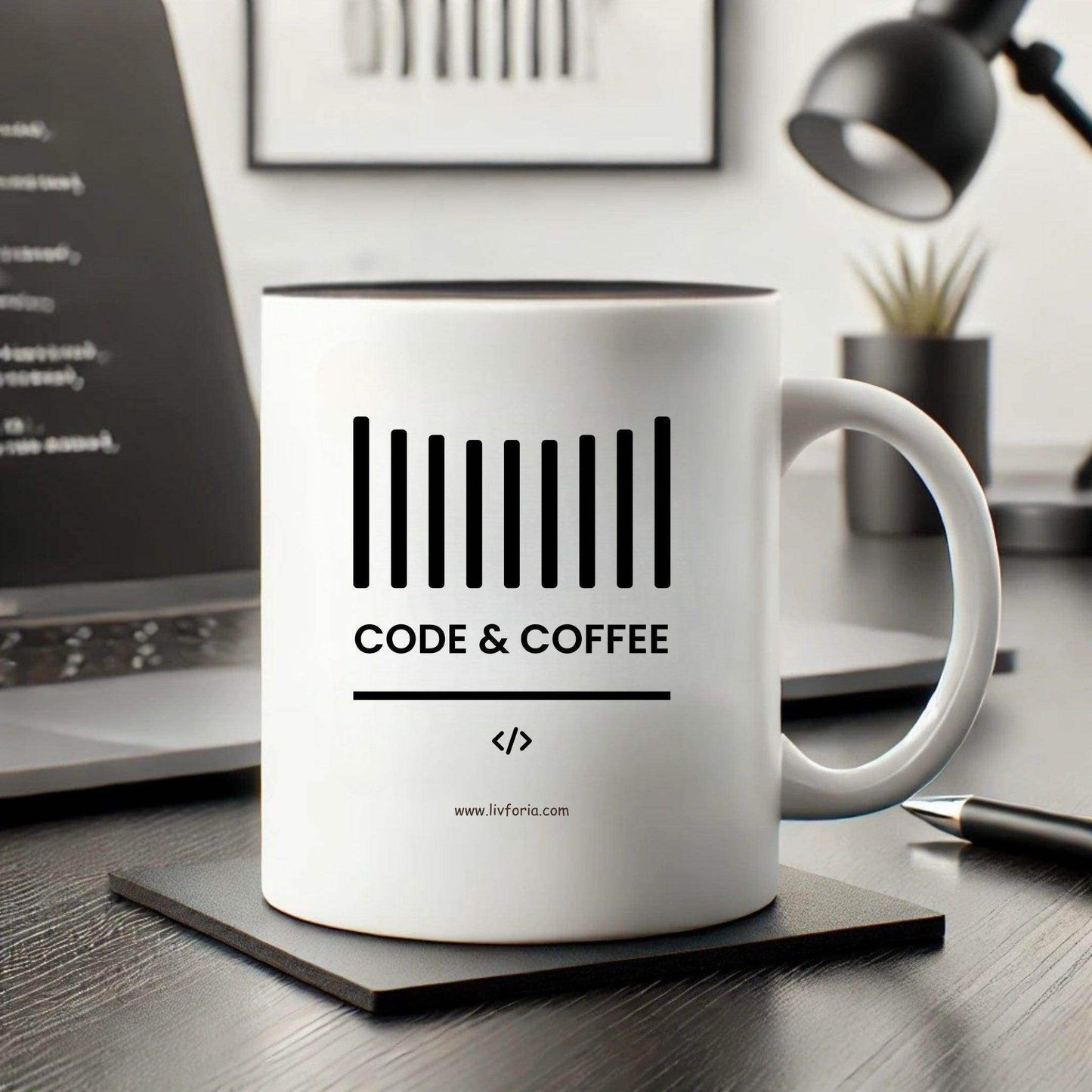 Code & Coffee ceramic mug for programmers – aesthetic white coffee mug for developers and tech lovers.
