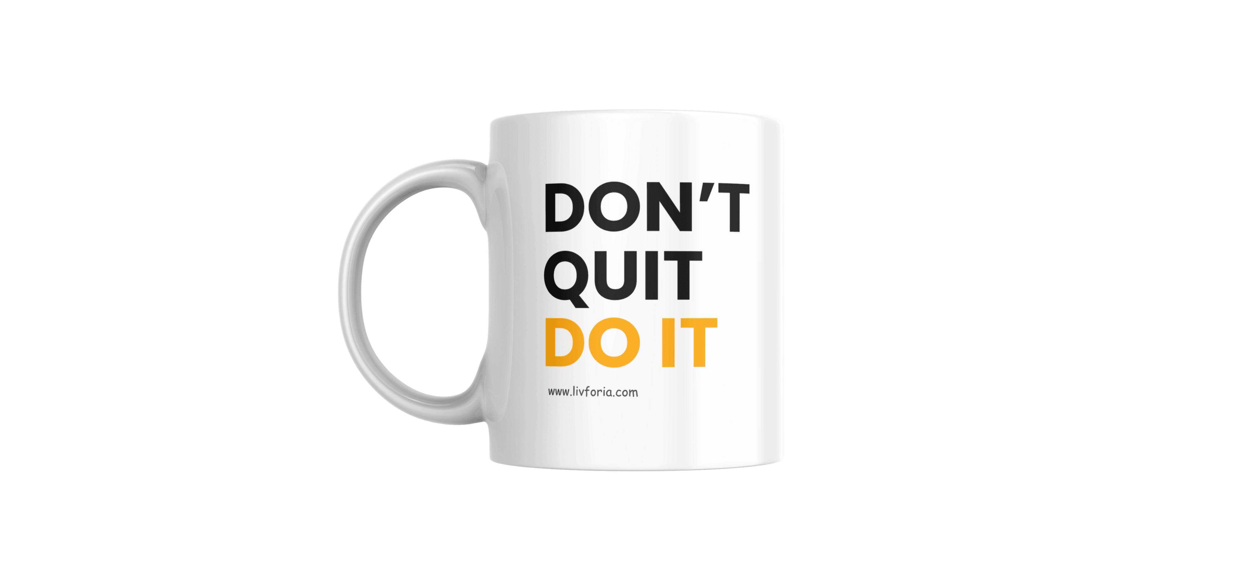 White ceramic mug with bold black text reading 