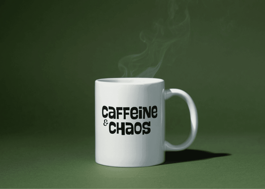 White ceramic mug with bold black text "Caffeine & Chaos" – funny and relatable coffee mug from Livforia for caffeine addicts