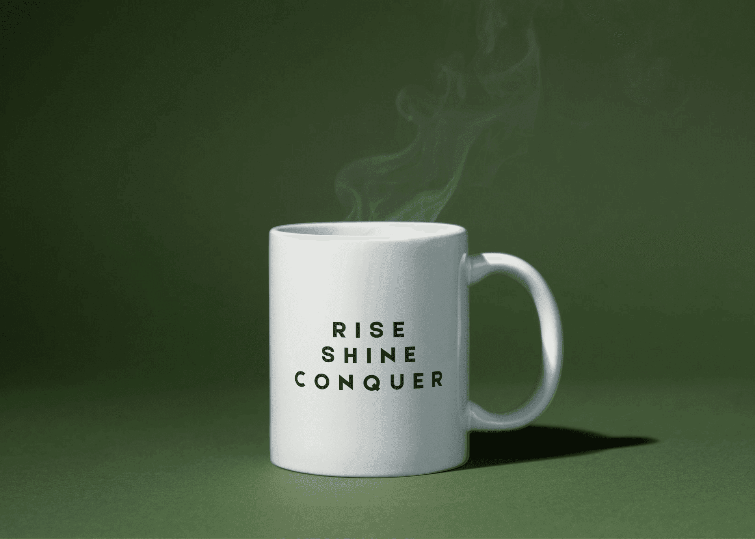White ceramic mug with bold black text 