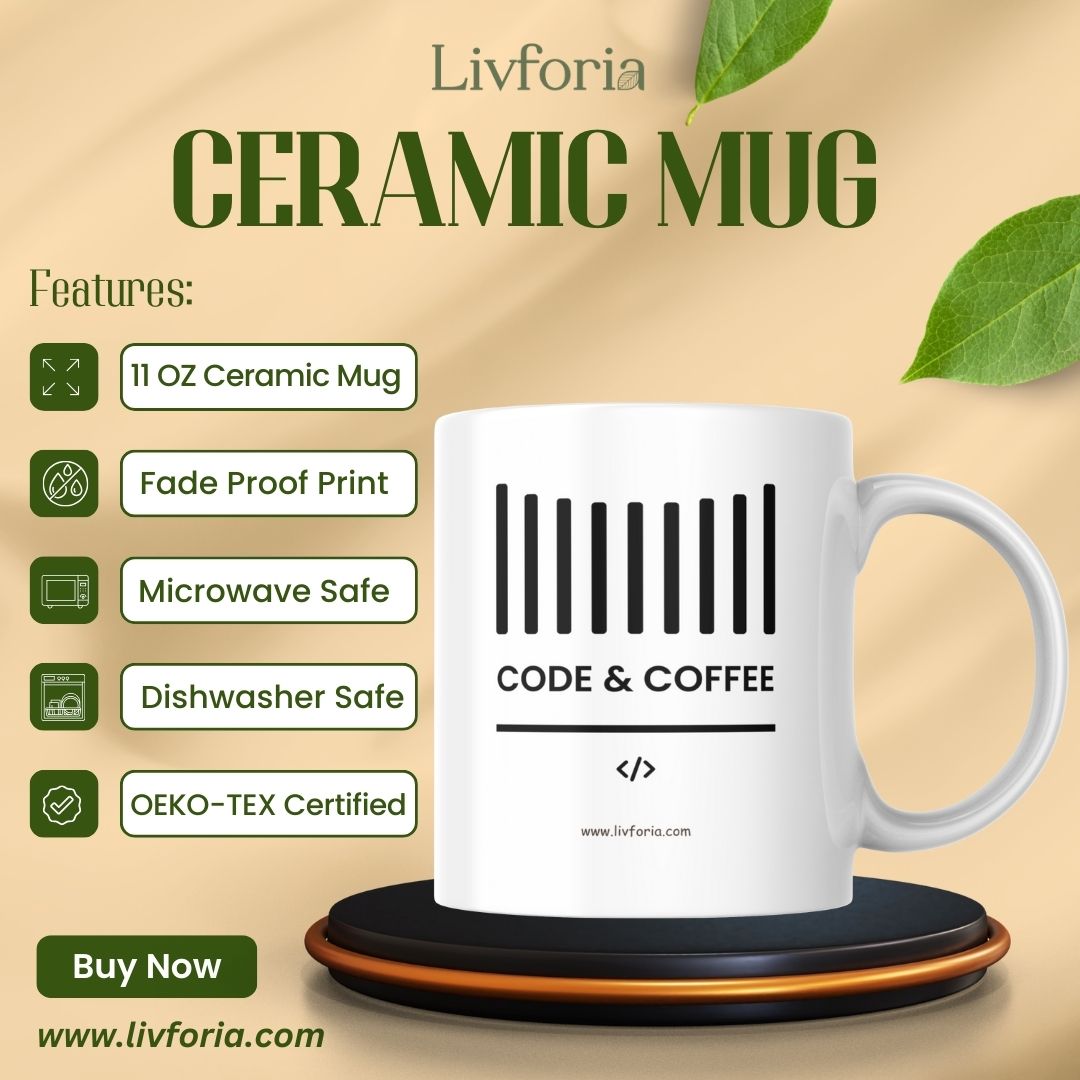 Code & Coffee ceramic mug for programmers – aesthetic white coffee mug for developers and tech lovers.
